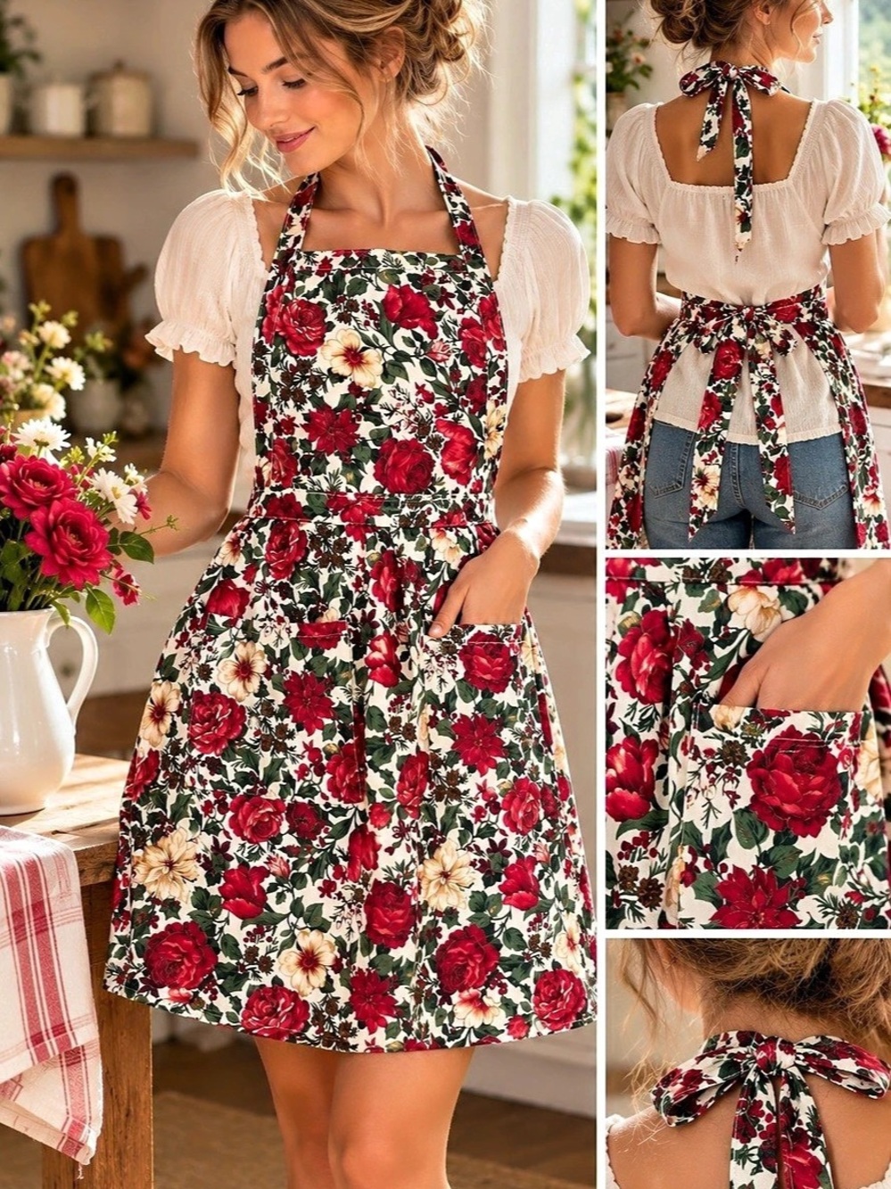 Vintage USA Made Rose Floral Apron Cottagecore Prairie 100% Cotton Baking Countr